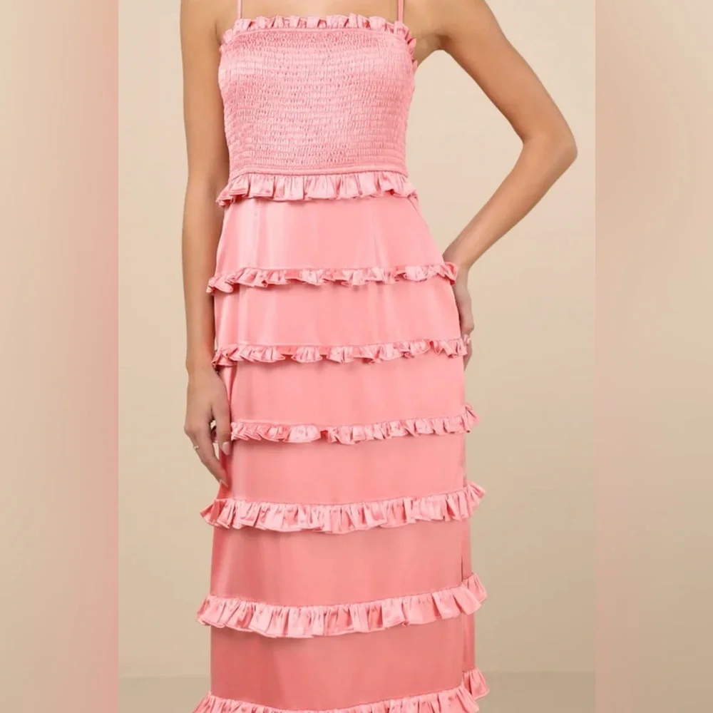 Lulus Sincerely Fabulous Peach Pink Satin Smocked Ruffled Maxi Dress - Size L - Picture 6 of 10